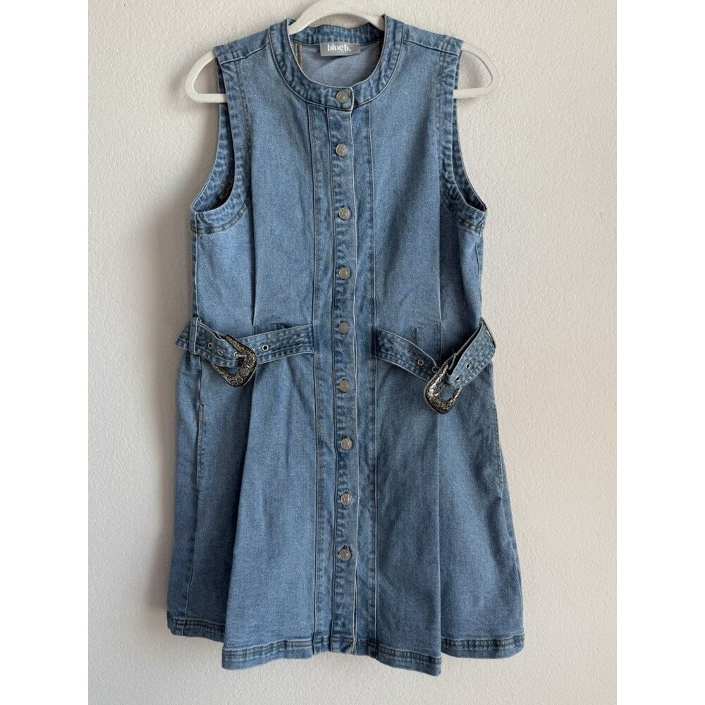 Blue B Denim Mini Dress Belt Buckle Straps Womens Large Festival Concert Western - Picture 9 of 16